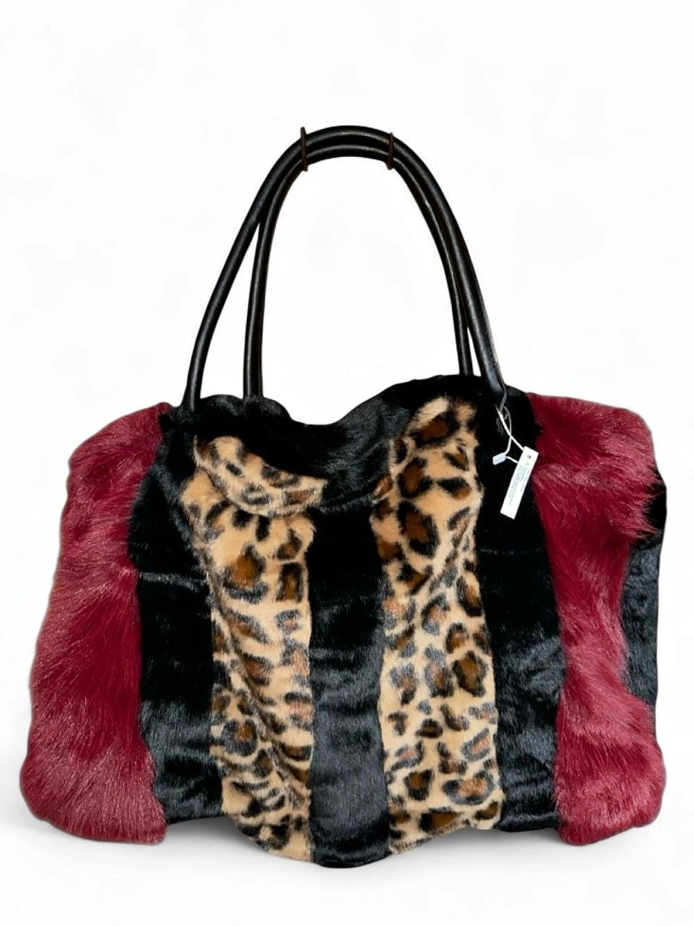 Large Slouchy Faux Fur Tote - Leopard, Black, Burgundy Stripes